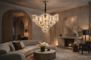 Candelabru elegant cu cristale în cascadă, design modern în formă de piramidă inversată, ideal pentru living sau holuri în stil luxos
