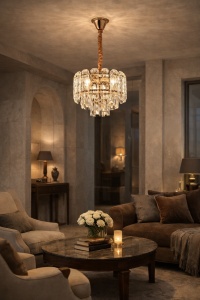 Candelabru elegant cu cristale fațetate și finisaj auriu, perfect pentru living, dormitor sau spații rafinate