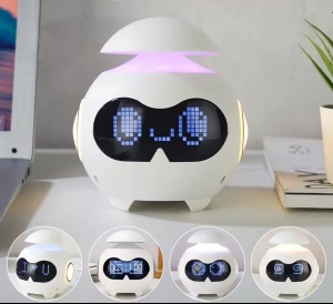 Ceas digital interactiv cu animații faciale, alarmă, Bluetooth și boxă integrată, design modern pentru birou sau casă