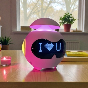 Ceas digital interactiv cu animații faciale, alarmă, Bluetooth și boxă integrată, design modern pentru birou sau casă