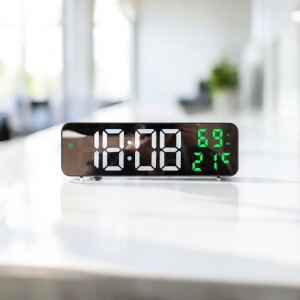 Ceas digital cu afișaj LED și ecran cu efect de oglindă, temperatură și umiditate, pentru masă sau perete, design modern