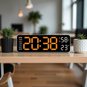 Ceas digital cu afișaj LED portocaliu, umiditate, temperatură și ziua săptămânii, pentru masă sau perete, design modern