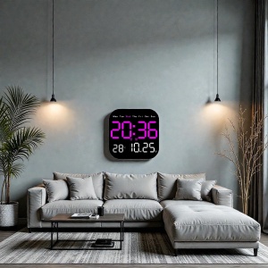 Ceas digital modern cu telecomandă, afișaj clar mov, dată și temperatură, perfect pentru dormitor sau living