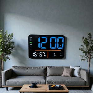 Ceas digital cu afișaj LED albastru, Bluetooth, temperatură, umiditate și ziua săptămânii, design modern pentru interior
