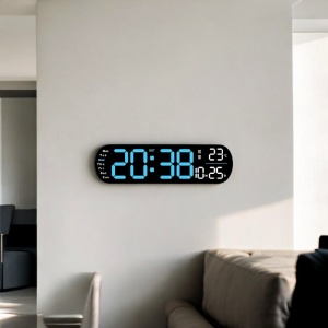 Ceas digital cu afișaj LED albastru, lumină reglabilă în partea inferioară, telecomandă, temperatură și dată, pentru perete sau masă