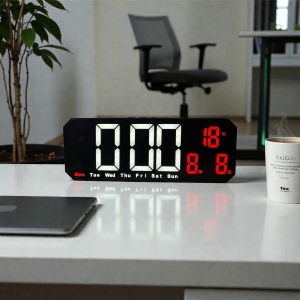 Ceas digital cu afișaj LED și colțuri teșite, temperatură, dată și ziua săptămânii, design modern pentru interior
