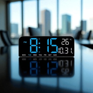 Ceas deșteptător digital modern cu afișaj albastru, dată, temperatură și calendar săptămâna