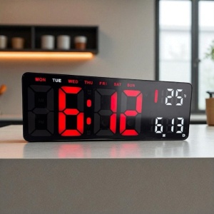 Ceas digital electronic cu afișaj LED rosu, dată, temperatură și ziua săptămânii, ideal pentru birou