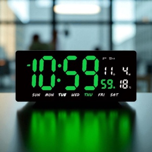 Ceas deșteptător digital cu afișaj LED verde, calendar și termometru, perfect pentru apartamente