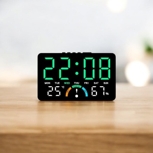Ceas digital cu afișaj LED verde, temperatură, umiditate, ziua săptămânii și funcție alarmă, design modern pentru interior