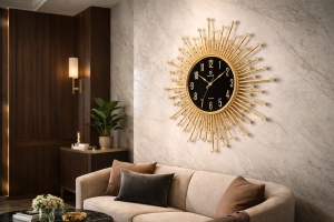 Ceas ornamental de perete cu design solar, ramă aurie strălucitoare și cadran negru elegant
