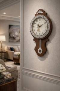 Ceas de perete vintage cu pendul lung decorativ, design clasic rotund cu detalii elegante, ideal pentru decor interior