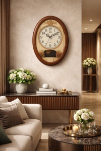 Ceas de perete oval cu design clasic, cifre arabe mari și elemente decorative în relief