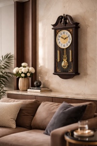 Ceas pendul vintage pentru perete, model clasic cu cadran alb și ornamente aurii