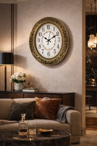 Ceas de perete oval cu design ornamental, cifre clasice și ramă decorativă elegantă