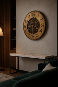Ceas de perete rotund din lemn cu mecanism decorativ vizibil, ideal pentru living sau birou vintage
