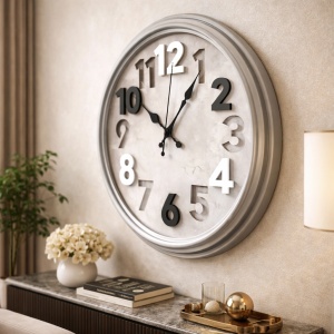 Ceas de perete modern gri cu cifre mari 3D si design minimalist