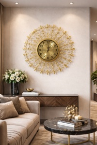 Ceas decorativ perete cu flori metalice aurii