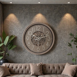 Ceas de perete stil industrial cu mecanism functional vizibil și cifre mari, design vintage pentru decor modern