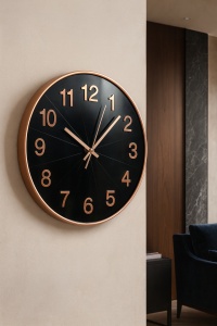 ceas de perete modern cu fundal negru și ramă aurie, cifre și limbi aurii elegante, design minimalist