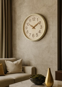 ceas de perete cu ramă crem și cadran din lemn deschis, cifre maro și limbi aurii, design minimalist