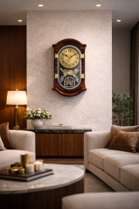 Ceas de perete decorativ clasic cu design elegant, cifre mari și elemente ornamentale, stil tradițional