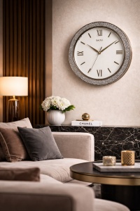 ceas de perete rotund cu cifre romane și ramă decorată cu pietricele strălucitoare argintii
