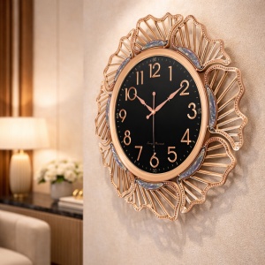 Ceas de perete modern negru cu design floral metalic rose gold