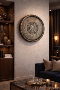 Ceas de perete vintage cu cifre romane și mecanism decorativ tip antic, design rustic pentru decor interior