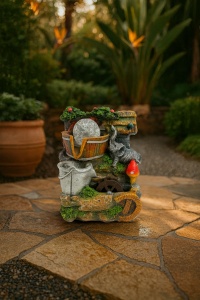 fântână feng shui rustică cu elefant gri, găleți decorative și roată de apă