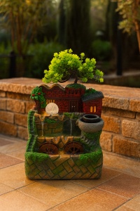 fântână decorativă cu pom verde, roată de apă și casă rustică