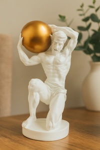Ornament decorativ Atlas, simbol al rezistenței și puterii, figurină elegantă cu glob auriu