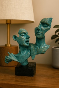 Figurină abstractă două chipuri, sculptură artistică în nuanțe de albastru și auriu, pe soclu negru