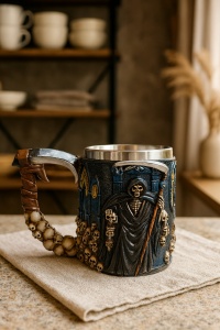 cană decorativă gotică cu figură de schelet, cranii și mâner sculptat