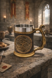 Cana decorativa medievala cu simbol Arborele Vietii, model vintage auriu bronz