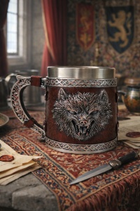 Halba decorativa cu cap de lup cana stil medieval
