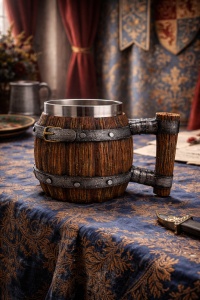 Cana decorativa model butoi din lemn cu curea metalica, halba rustica medievala