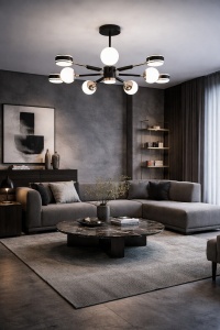 Lustră modernă tip spider cu globuri opal și accente metalice aurii, având un design simetric și elegant