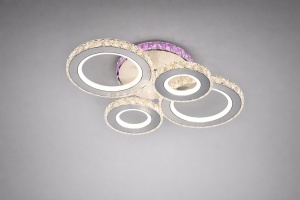 Lustră LED modernă cu cercuri cristaline și efect decorativ violet, perfectă pentru dormitoare elegante