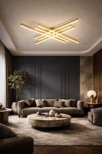 Lustră LED modernă cu bare luminoase suprapuse, design minimalist ideal pentru livinguri contemporane