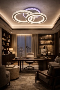 Lustră LED modernă cu cercuri luminoase și accente mov, ideală pentru dormitoare elegante și spații contemporane
