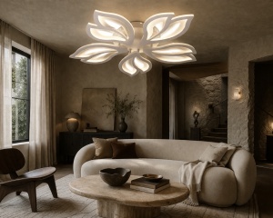 Lustră LED albă cu design floral geometric și lumini integrate