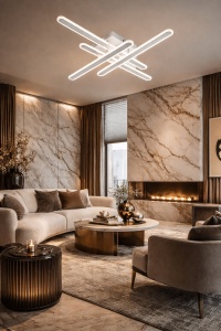 Lustră LED modernă cu bare luminoase încrucișate și design minimalist, iluminând uniform