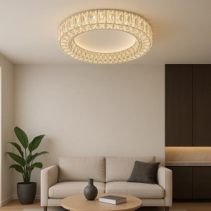 Plafonieră LED rotundă cu cristale, iluminat cald, instalată într-un living modern minimalist