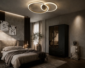 Lustră LED modernă cu design în cercuri împletite, ideală pentru dormitoare și livinguri elegante, oferind lumină uniformă și un aspect minimalist