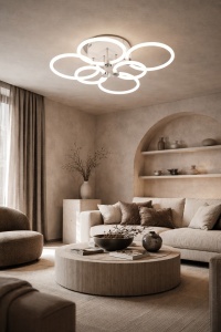 Lustră LED modernă cu șase inele luminoase suprapuse, structură albă și design geometric elegant