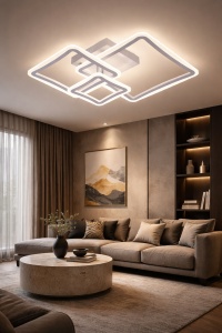 Lustră LED modernă cu forme pătrate suprapuse și contururi luminoase albe, într-un design geometric minimalist