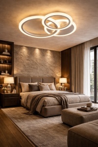 Lustră LED modernă cu design în cercuri împletite, ideală pentru dormitoare și livinguri elegante, oferind lumină uniformă și un aspect minimalist