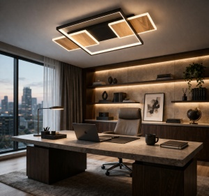 Lustră LED modernă cu design geometric din dreptunghiuri suprapuse, în finisaj negru și auriu, cu iluminare integrată