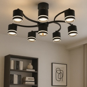 Plafonieră LED modernă cu design ondulat și spoturi rotunde orientabile, finisaj negru elegant